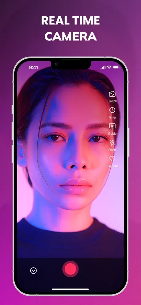 Real-time camera view with vibrant color effects applied to portrait, showing live preview and effect control buttons for editing