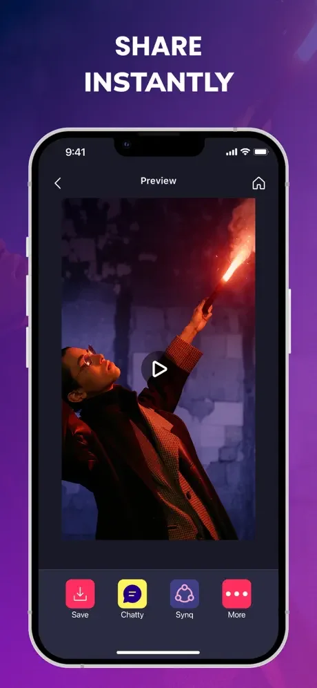 Video effect preview with sharing options for saving and posting to social media via Chatty, Sync, and more sharing buttons