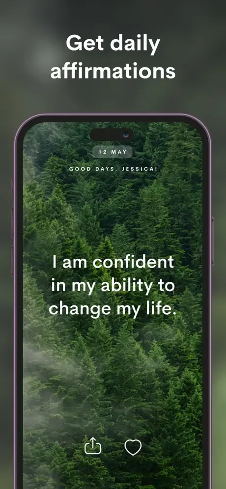 Daily affirmation screen showing personal empowerment message with nature background and like/share buttons