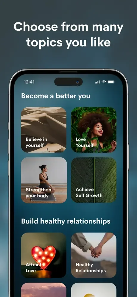 Affirmation topic categories including self-confidence, love, fitness, growth, relationships, and personal development