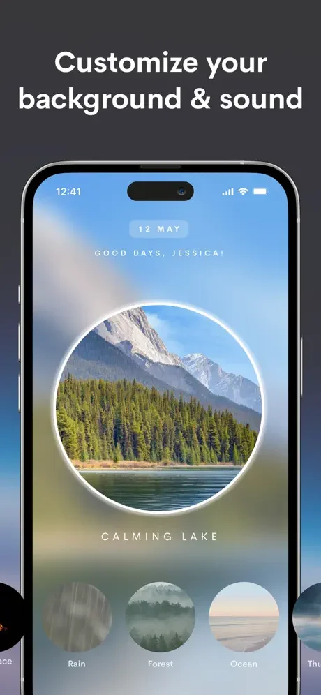 Affirmation screen with customizable background images and ambient sound options like rain, forest, and ocean