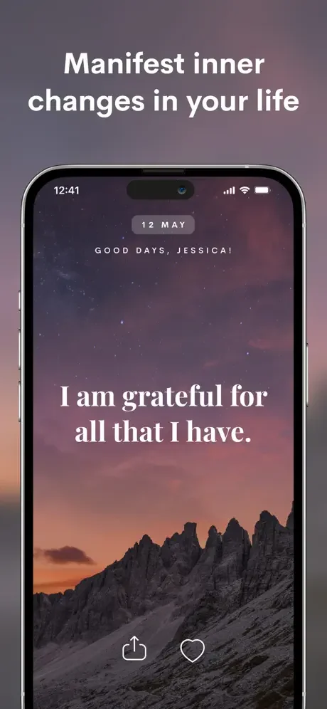 Daily affirmation screen with sunset mountain background showing gratitude message and user interaction buttons