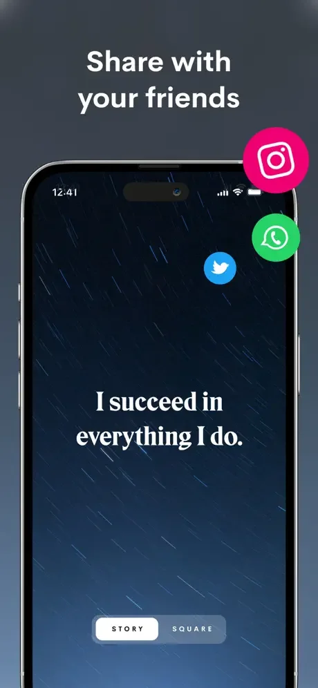 Affirmation sharing interface with social media options for Instagram, WhatsApp, Twitter and format choices