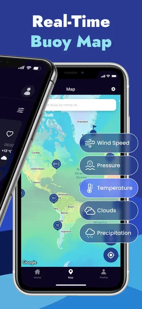 Interactive real-time marine buoy map showing weather data layers: wind speed, pressure, temperature, clouds, precipitation, and location markers