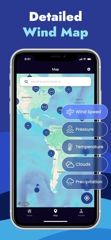 Detailed marine wind map displaying buoy locations across North America with toggleable weather layers and interactive data visualization options