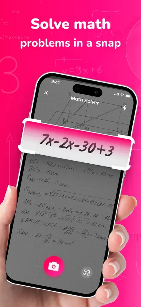 Math Solver camera captures handwritten math equation 7x-2x-30+3 for instant solving