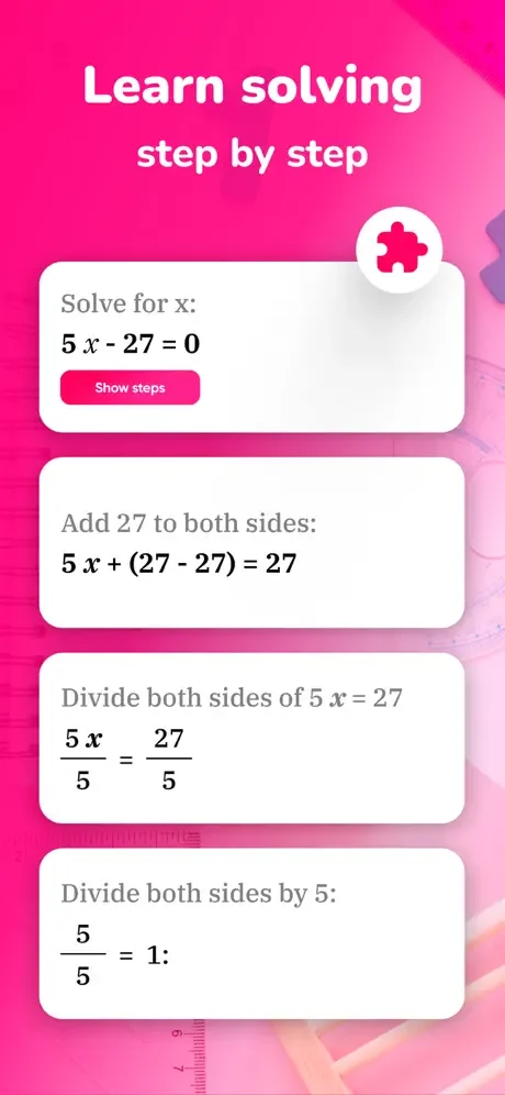 Step-by-step math solver displaying solution breakdown for equation 5x-27=0 with cards