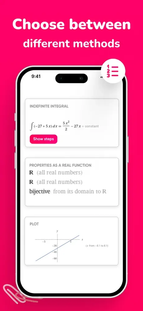 Math Solver multiple solution methods showing integral problem with plot and properties