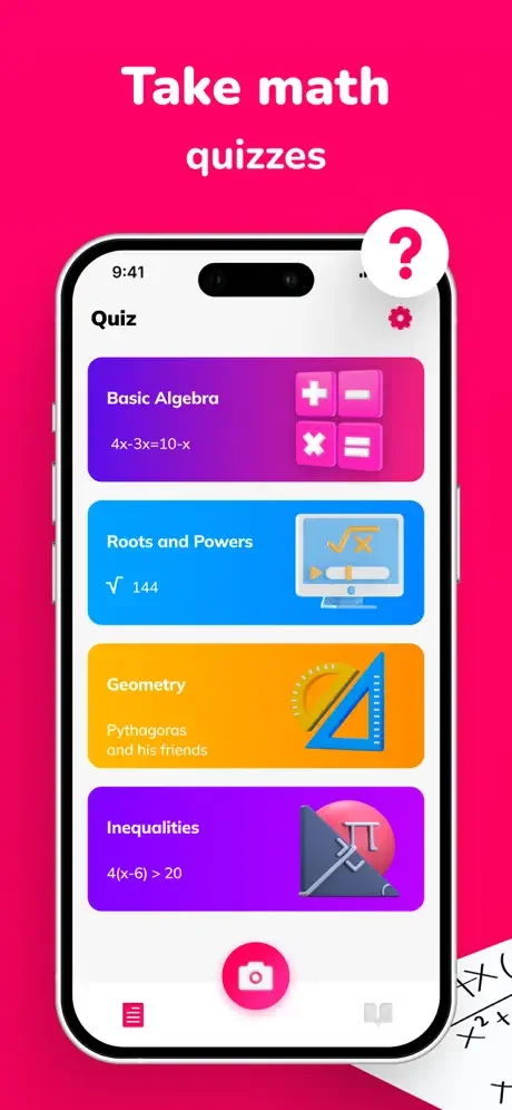 Math Solver quiz feature displaying topic categories: algebra, geometry, and roots