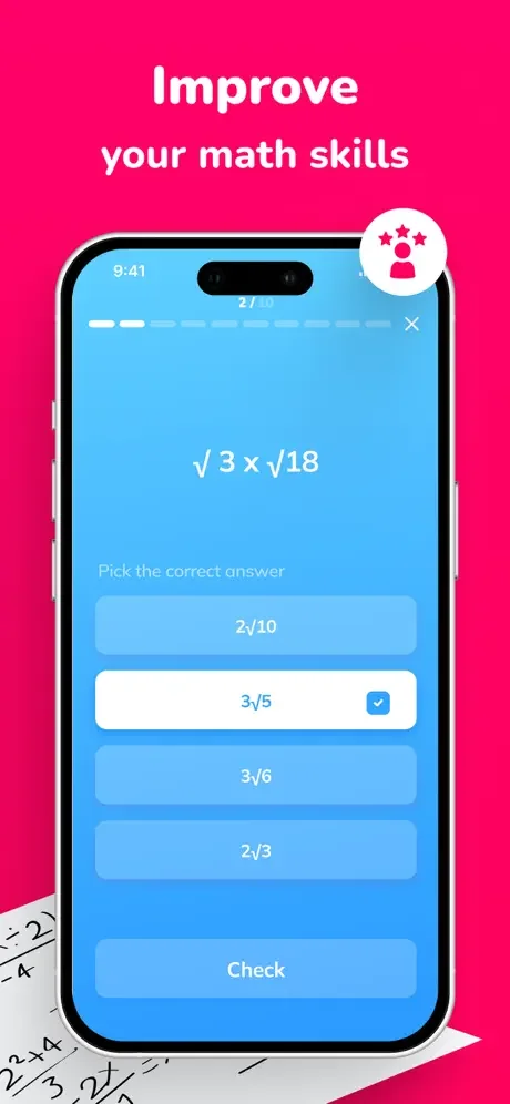 Interactive math skills practice quiz with multiple choice answers and feedback check
