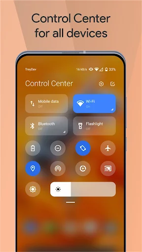 Mi Control Center dashboard with colorful quick toggle buttons including Mobile data, WiFi, Bluetooth, and Flashlight options