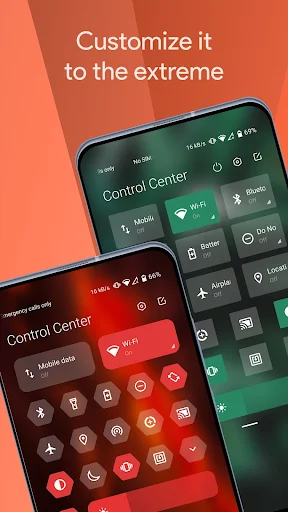Customizable Mi Control Center showing multiple phone displays with different color theme variations - red, dark, and green color schemes