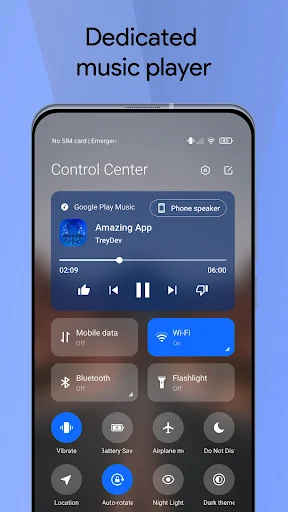 Mi Control Center with integrated music player featuring Google Play Music playback controls and track progress display