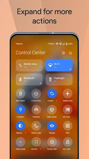 Expanded Mi Control Center view displaying full array of quick toggle options including Location, Hotspot, Data Saver, and additional quick actions