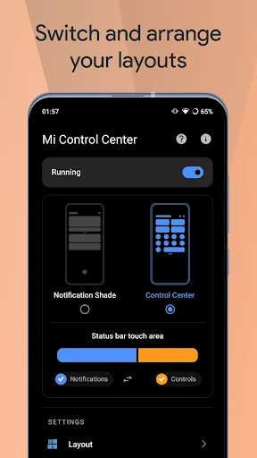 Mi Control Center layout settings page showing Notification Shade and Control Center layout customization options with status bar touch area
