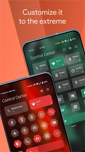Customizable Mi Control Center showing multiple phone displays with different color theme variations - red, dark, and green color schemes