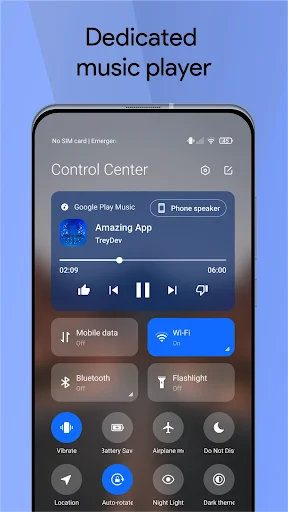 Mi Control Center with integrated music player featuring Google Play Music playback controls and track progress display
