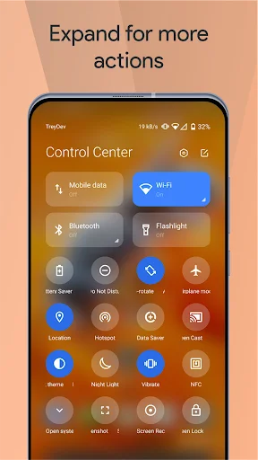 Expanded Mi Control Center view displaying full array of quick toggle options including Location, Hotspot, Data Saver, and additional quick actions
