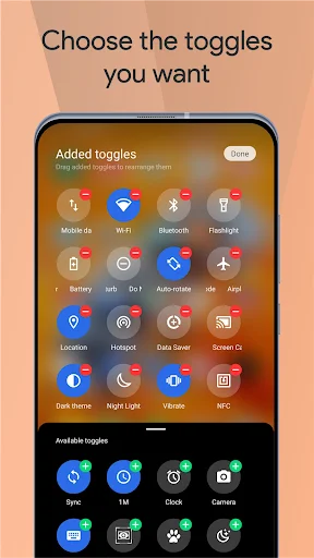 Toggle customization panel with selected toggles like Mobile data and WiFi displayed, plus available toggles section showing Sync, Calculator, Clock, and Camera