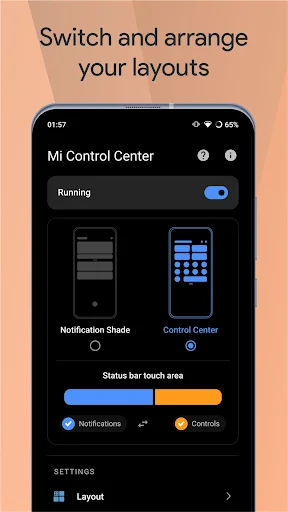 Mi Control Center layout settings page showing Notification Shade and Control Center layout customization options with status bar touch area