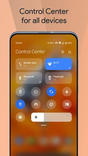 Mi Control Center dashboard with colorful quick toggle buttons including Mobile data, WiFi, Bluetooth, and Flashlight options