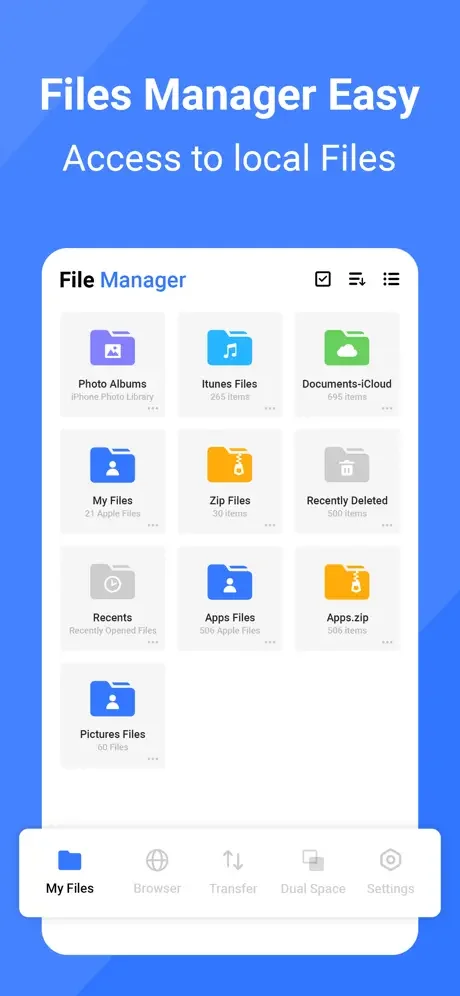 Files Manager home screen showing organized file categories including Photo Albums, Documents, My Files and storage management