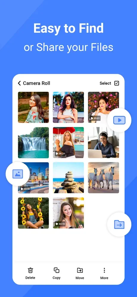 Camera Roll gallery view with photos and videos, featuring Delete, Copy, Move and sharing options for managing files