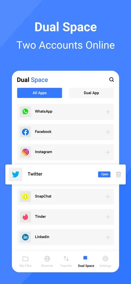 Dual Space feature displaying list of social media apps to create and manage multiple accounts simultaneously on iPhone