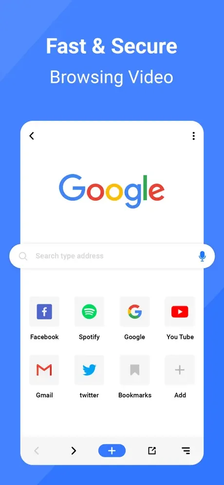 Browser interface with Google search bar and quick access shortcuts to YouTube, Gmail, Spotify and other popular apps