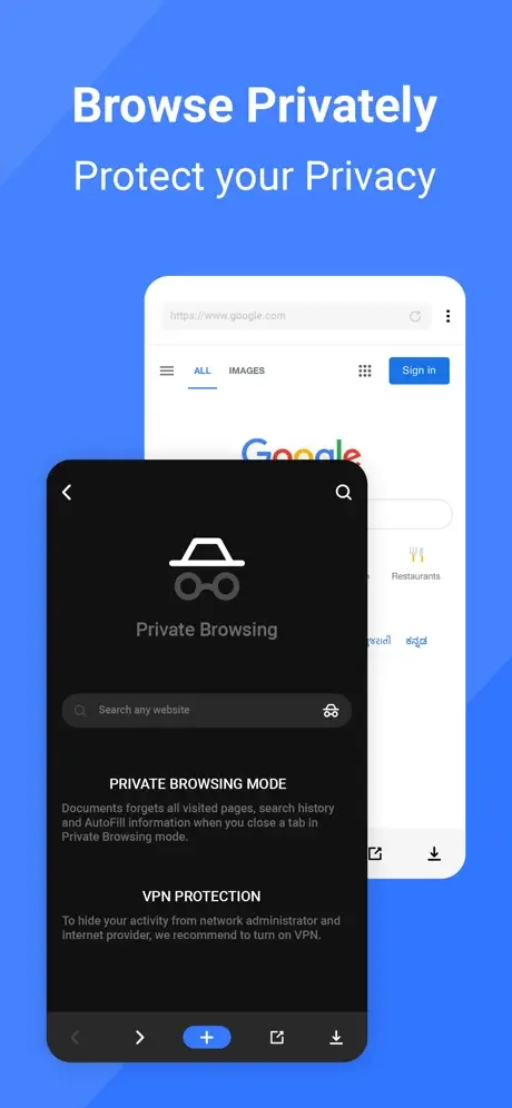 Private Browsing mode with VPN protection enabling secure anonymous web browsing and protecting user privacy