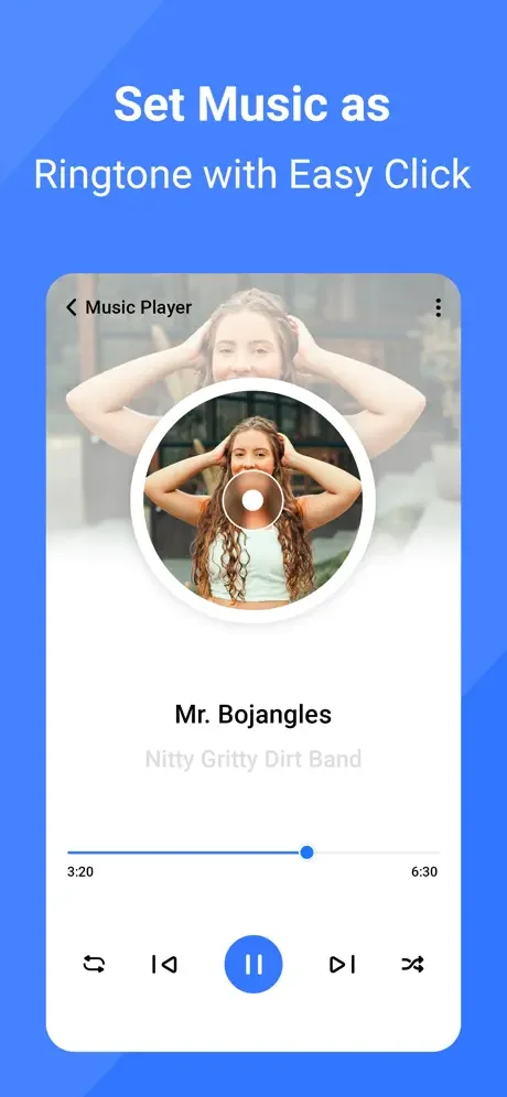 Music Player interface showing song playback controls, progress bar and options to set audio files as ringtones