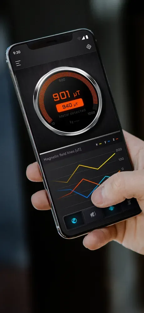 Smart Metal Detector app main screen with circular gauge displaying 901 microtesla and magnetic field sensor graph