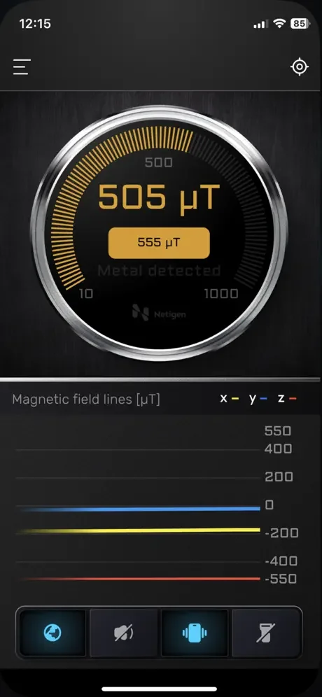 Metal detector magnetic field gauge showing 505 microtesla reading with X, Y, Z axis sensor data visualization