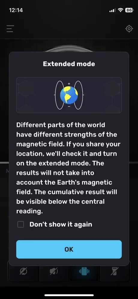 Extended mode information dialog explaining Earth's magnetic field calibration for accurate metal detection