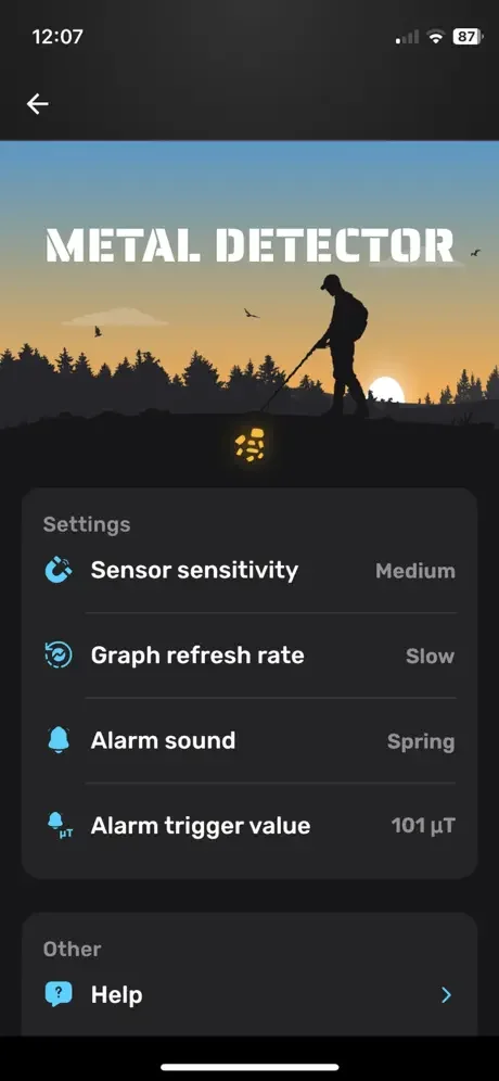 Smart Metal Detector settings menu displaying sensor sensitivity, alarm sound, and trigger value controls