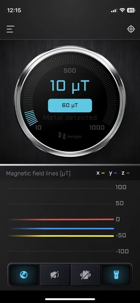 Metal detector gauge showing low 10 microtesla reading indicating weak magnetic field activity detected