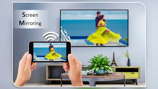 User holding smartphone displaying video of woman in yellow dress mirrored to TV screen via wireless screen mirroring connection