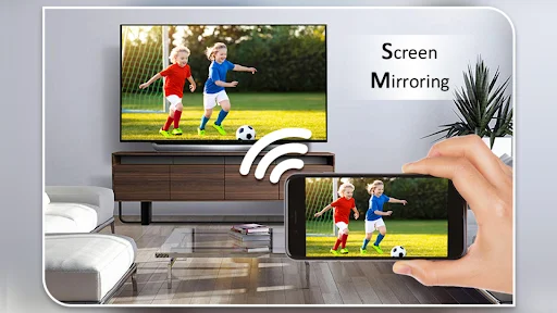 Smartphone screen showing soccer game wirelessly cast and mirrored to TV display with WiFi connection indicator visible