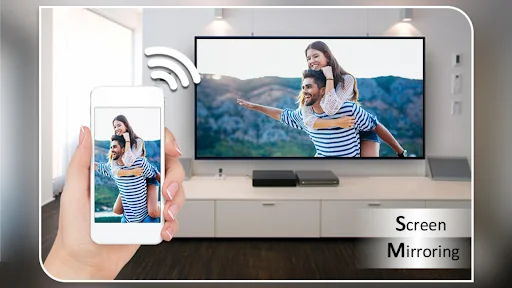 Hand holding smartphone with video content of couple in mountains mirrored to TV screen using wireless screen casting