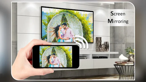 Mobile phone displaying family photo with archway content wirelessly mirrored to TV screen via screen mirroring technology