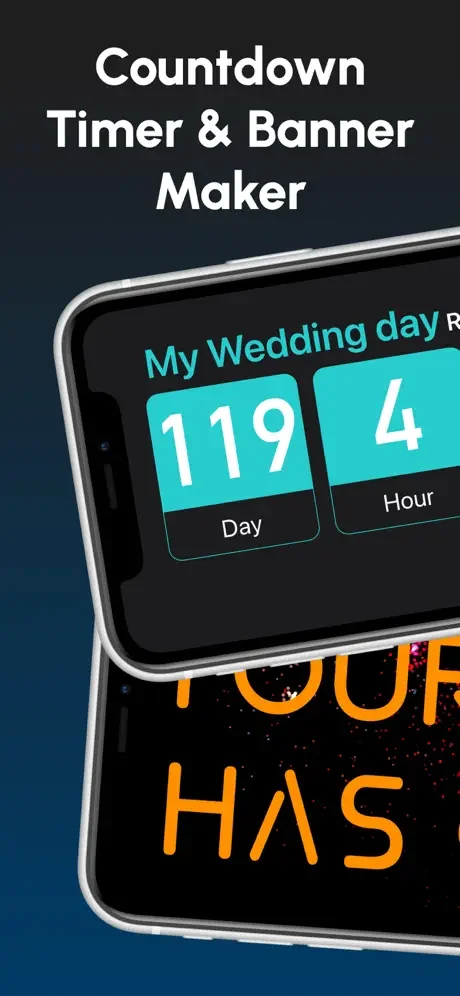 Countdown Timer & Banner Maker app home screen with wedding countdown timer example and animated text banner
