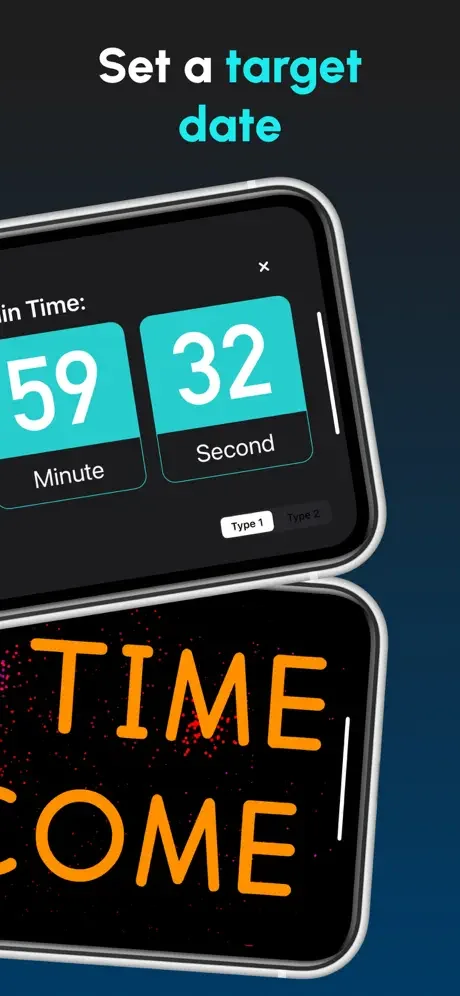 Set target date timer interface showing minutes and seconds input with visual countdown display type options