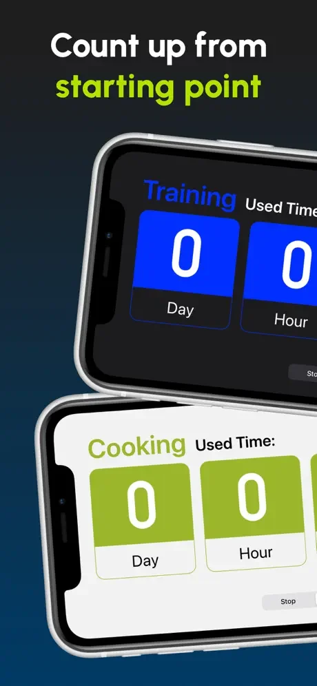 Elapsed time counter feature showing training and cooking activities tracked in hours and days from start