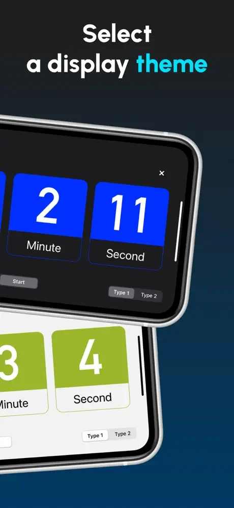Countdown timer theme selection interface with blue and green color variations and display type options