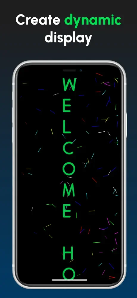 Dynamic barrage display screen with animated vertical green text and colorful particle effect animations