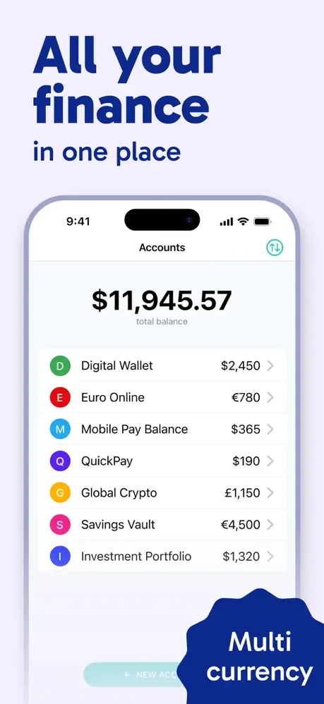 Accounts dashboard showing $11,945.57 total balance across multiple multi-currency accounts and investment portfolio