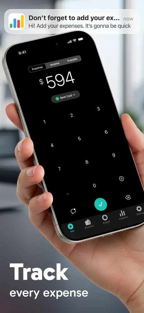 Expense entry screen with numeric keypad showing $594 transaction, Bank Card payment method, and reminder notification