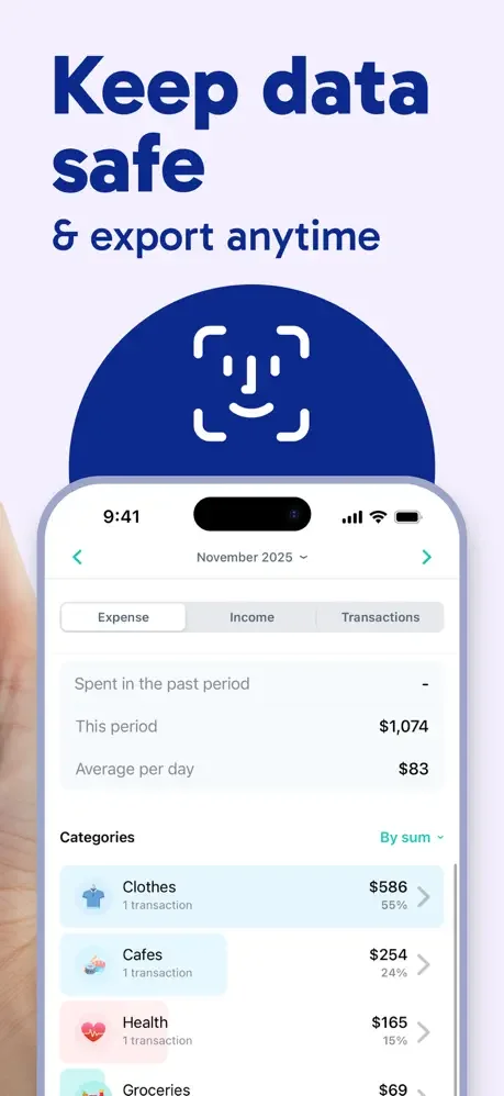 Expense summary with biometric security icon showing $1,074 this period and spending breakdown by category and percentage