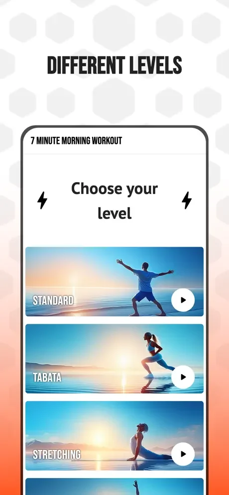 Level selection screen with Standard, Tabata, and Stretching workout options and preview images for morning fitness training