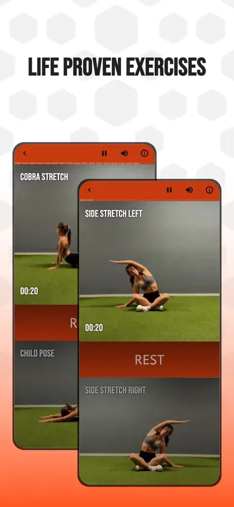 Exercise demonstration screens showing stretching poses with 20-second timers and playback controls for guided morning workout